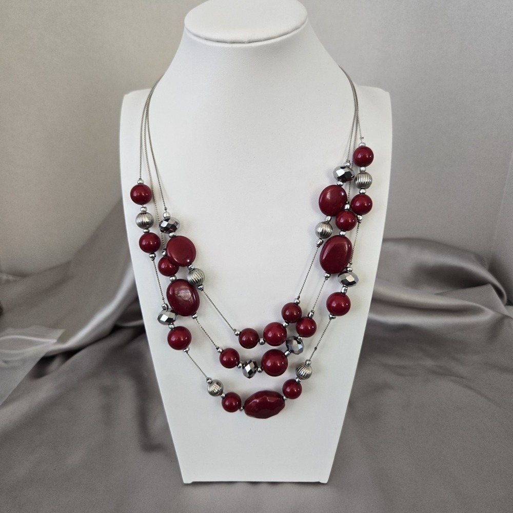 Women's Multi-strand Silver-tone Necklace w/Red & Silver-toned Beads Adjustable